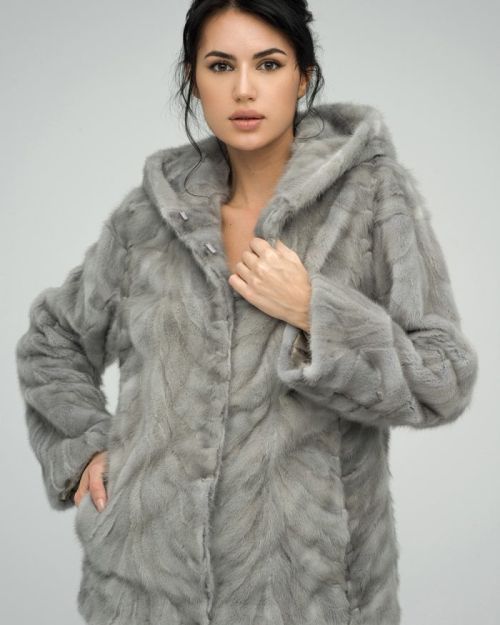 Gray Genuine Hooded Mink Fur Coat
