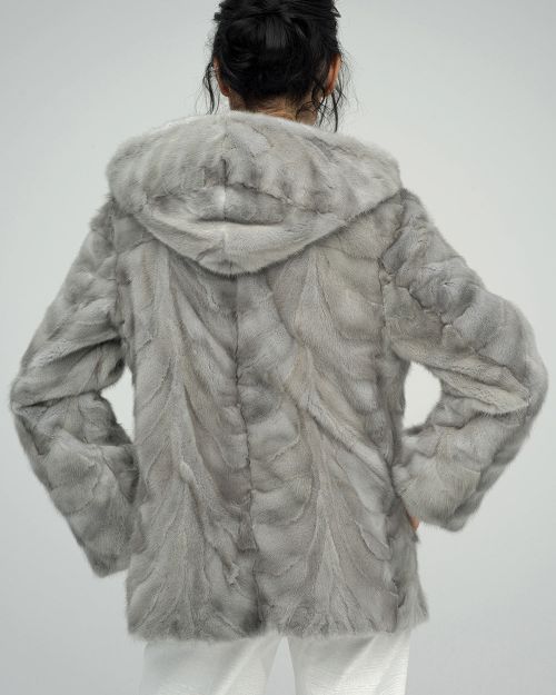 Gray Genuine Hooded Mink Fur Coat