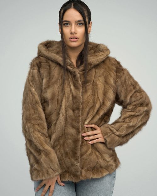 Taupe Genuine Hooded Mink Fur Coat