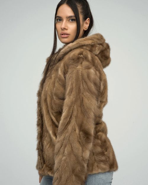 Taupe Genuine Hooded Mink Fur Coat