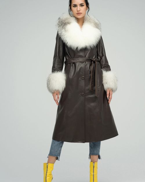 Brown Genuine Maxi Lambskin Overcoat with Arctic Fox Fur Collar and Cuffs