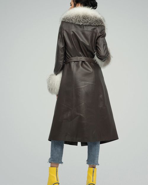 Brown Genuine Maxi Lambskin Overcoat with Arctic Fox Fur Collar and Cuffs