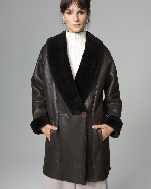 Dark Brown Lambskin Midi Coat with Merino Fur Collar