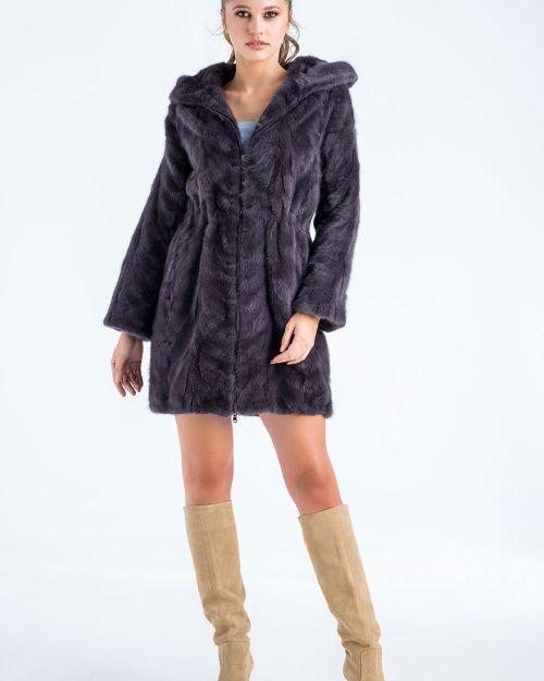 Gray Natural Hooded Mink Fur Coat