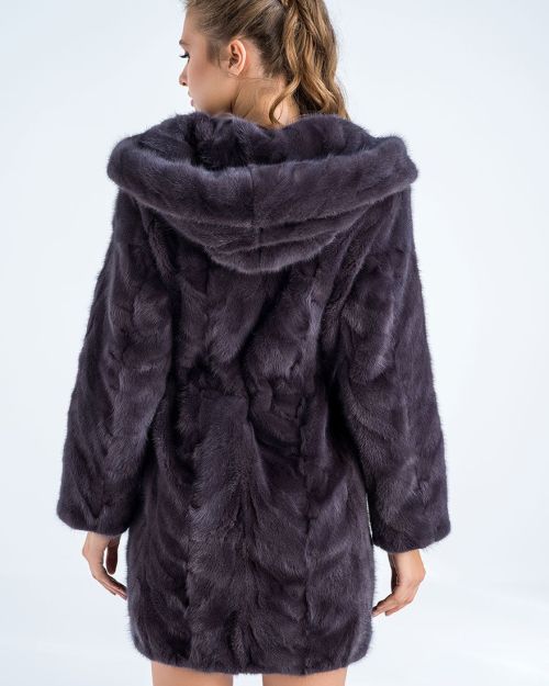 Gray Natural Hooded Mink Fur Coat