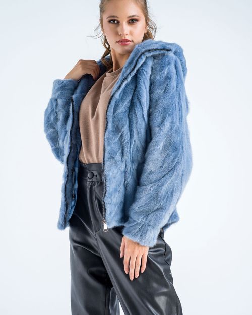 Blue Genuine Mink Fur Hooded Jacket