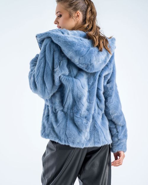Blue Genuine Mink Fur Hooded Jacket