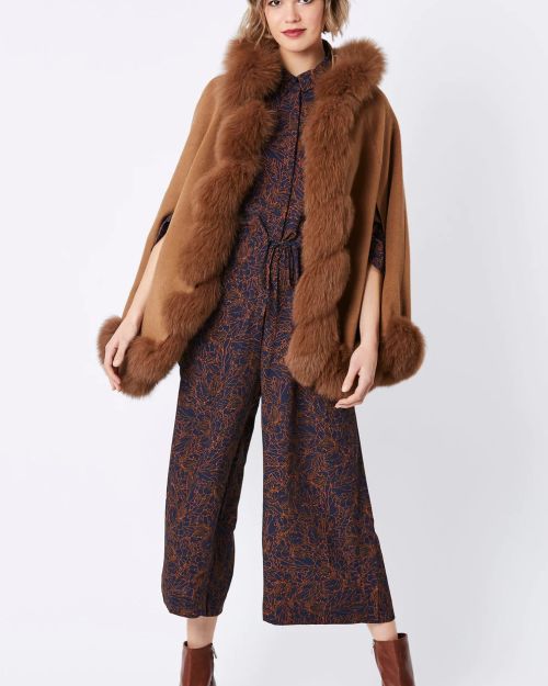 Mocha Cashmere Hooded and Fox Fur Cape Coat