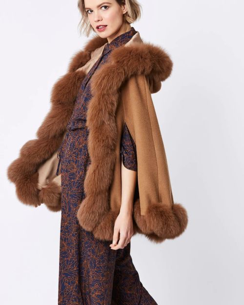 Mocha Cashmere Hooded and Fox Fur Cape Coat
