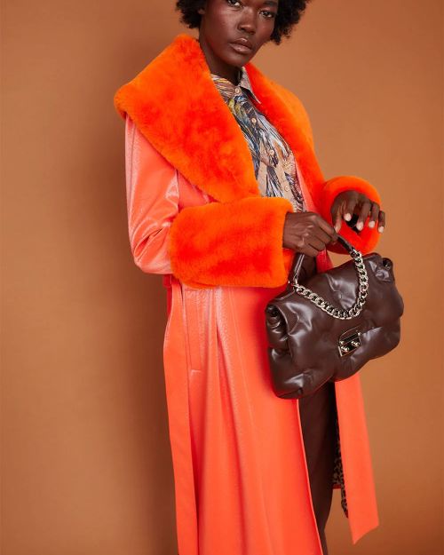 Orange Faux Suede Trench Coat with Faux Fur Collar and Cuffs