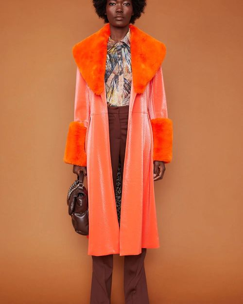 Orange Faux Suede Trench Coat with Faux Fur Collar and Cuffs