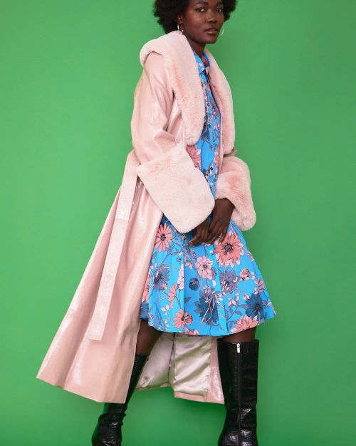 Pink Faux Leather Jacket with Detachable Faux Fur Cuffs and Collar