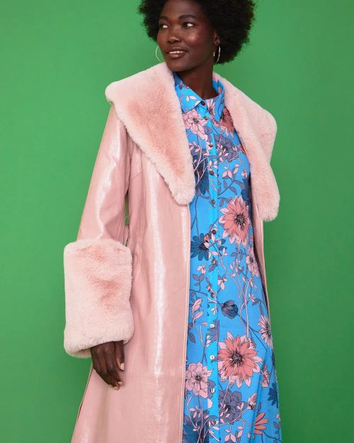 Pink Faux Leather Jacket with Detachable Faux Fur Cuffs and Collar