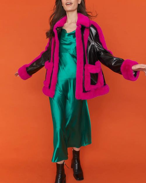 Pink Faux Leather with Faux Fur Trim Aviator Jacket