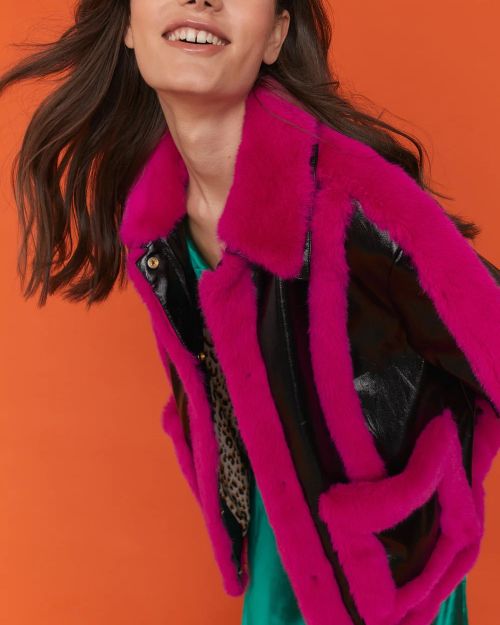 Pink Faux Leather with Faux Fur Trim Aviator Jacket