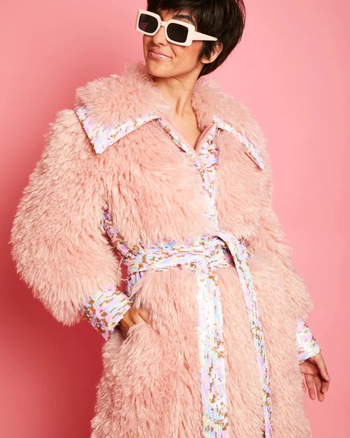 Pink Knitted Bamboo Eco Leather Shearling Coat