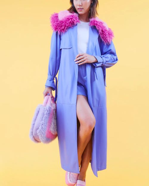 Purple Faux Leather Trench Coat with Faux Fur Collar
