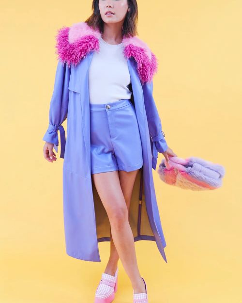 Purple Faux Leather Trench Coat with Faux Fur Collar