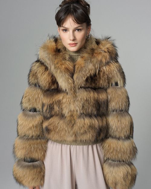 Brown Hooded Arctic Fox Raccoon Fur Jacket