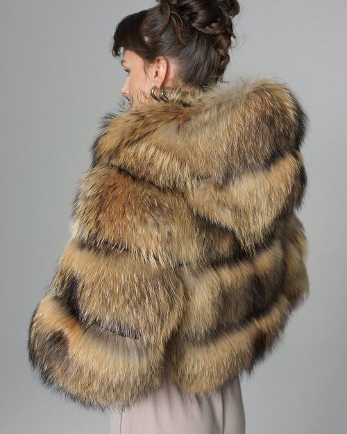Brown Hooded Arctic Fox Raccoon Fur Jacket