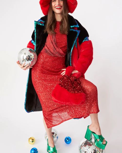 Red Faux Fur Coat with Sequin Trim