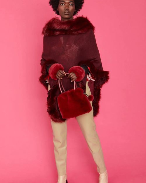 Red Faux Fur Pom-Pom Drawstring Bucket Bag