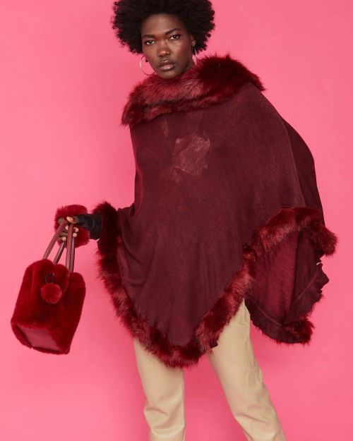 Red Faux Fur Pom-Pom Drawstring Bucket Bag