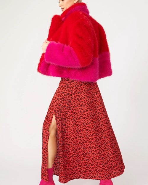 Red Pink Bamboo Faux Fur Double Cropped Coat