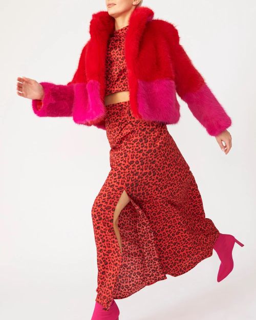 Red Pink Bamboo Faux Fur Double Cropped Coat