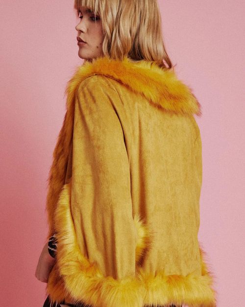 Yellow Faux Fur Suede Cape Jacket