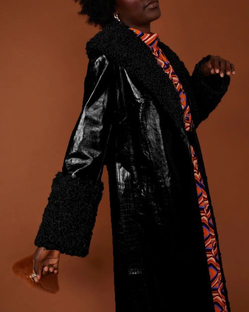 Black Faux Leather Trench Coat with Detachable Faux Mongolian Collar and Cuffs