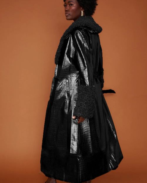Black Faux Leather Trench Coat with Detachable Faux Mongolian Collar and Cuffs
