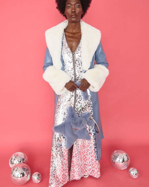 Blue White Faux Leather Jacket with Detachable Faux Fur Cuffs and Collar