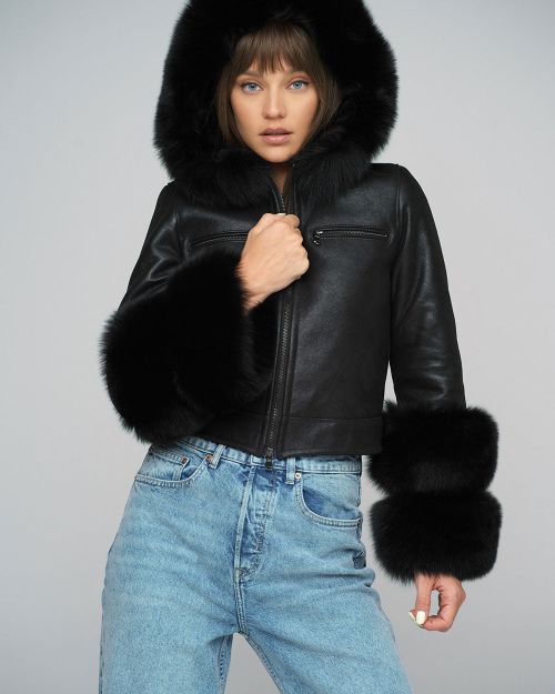 Black Merino Leather Jacket with Fox Fur Collar and Cuffs