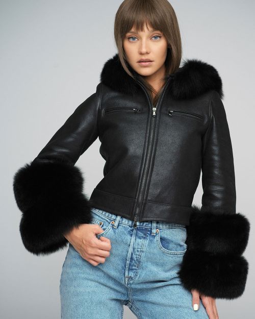 Black Merino Leather Jacket with Fox Fur Collar and Cuffs