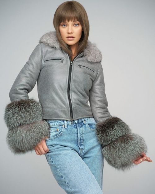 Gray Merino Leather Jacket with Fox Fur Collar and Cuffs