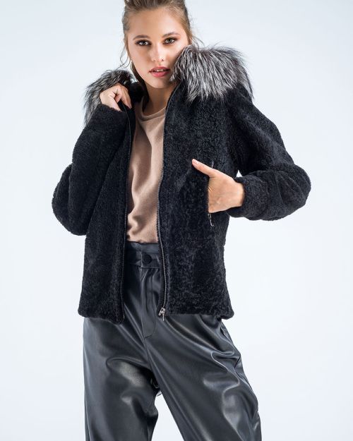 Black Sheepskin Hooded Jacket with Arctic Fox Fur Detailing