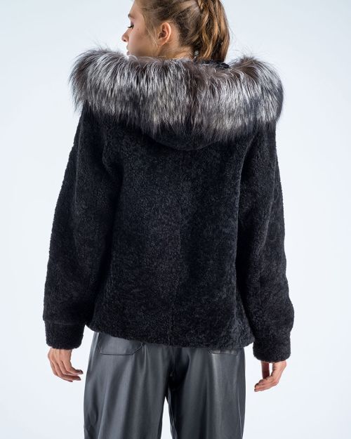 Black Sheepskin Hooded Jacket with Arctic Fox Fur Detailing
