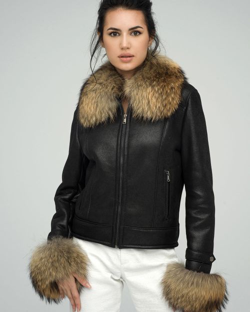 Black Sheepskin Jacket with Raccoon Fur Collar and Cuffs