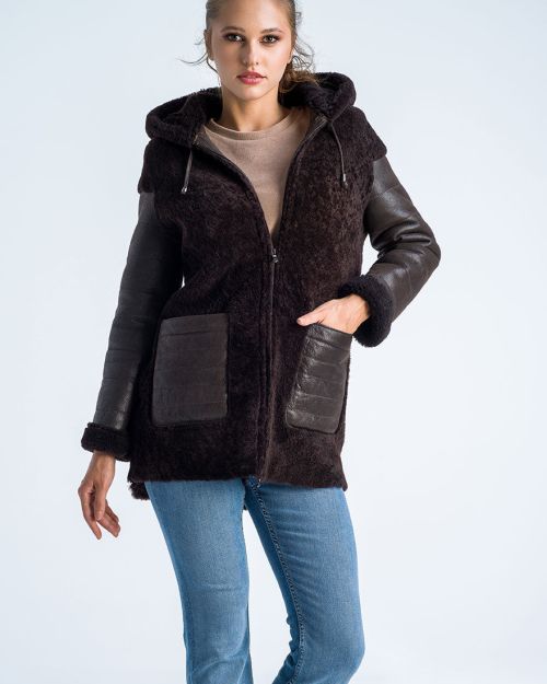 Brown Natural Shearling Sheepskin Hooded Jacket