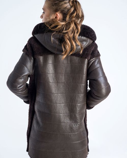 Brown Natural Shearling Sheepskin Hooded Jacket