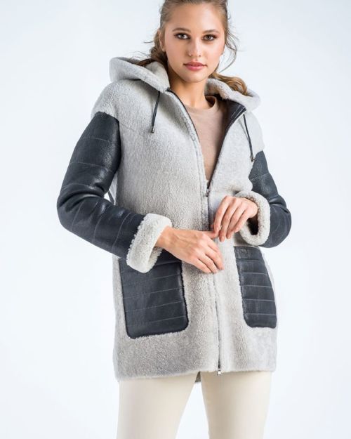 Gray Natural Shearling Sheepskin Hooded Jacket
