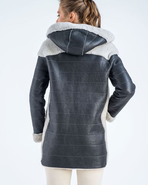Gray Natural Shearling Sheepskin Hooded Jacket