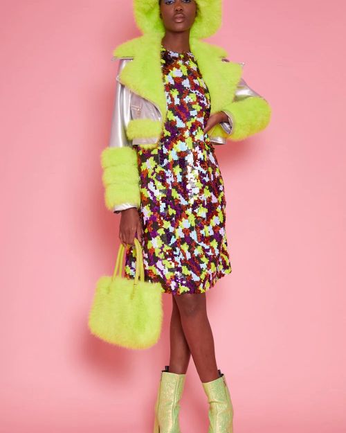 Silver Yellow Faux Leather Faux Fur Biker Jacket