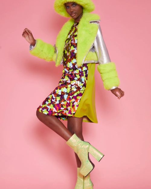 Silver Yellow Faux Leather Faux Fur Biker Jacket