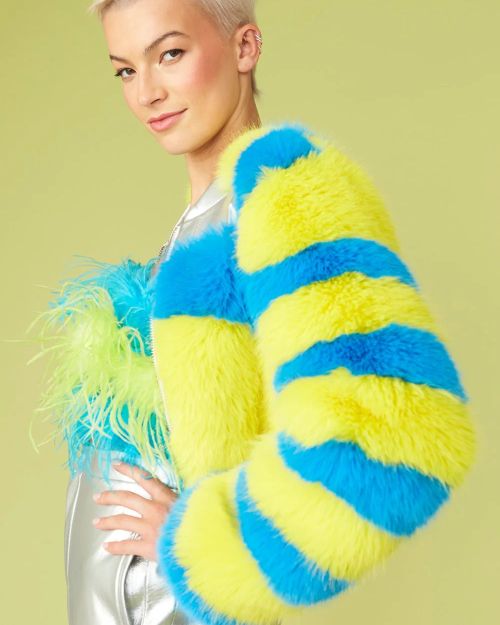 Striped Yellow Faux Fur Cropped Bomber Jacket