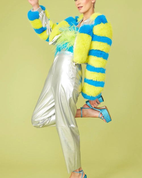 Striped Yellow Faux Fur Cropped Bomber Jacket