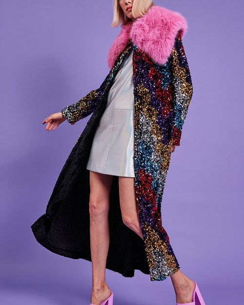 Black Sequin Velvet Trench Coat with Pink Faux Fur Collar